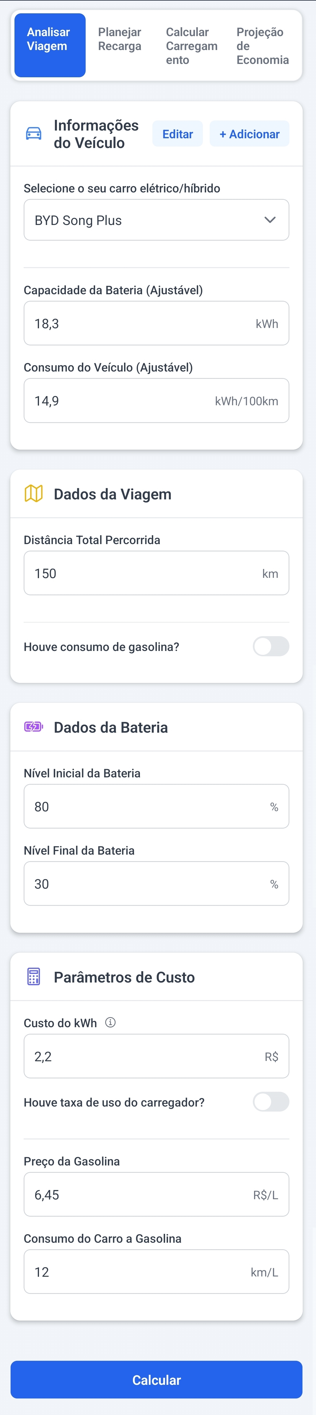 Tela de Análise de Viagem